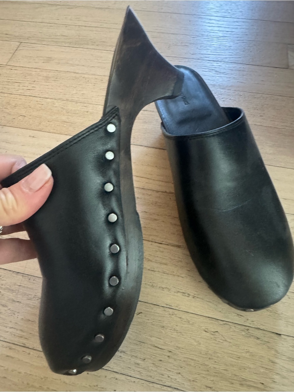 Massimo Dutti Black Studded Leather Mule Heels